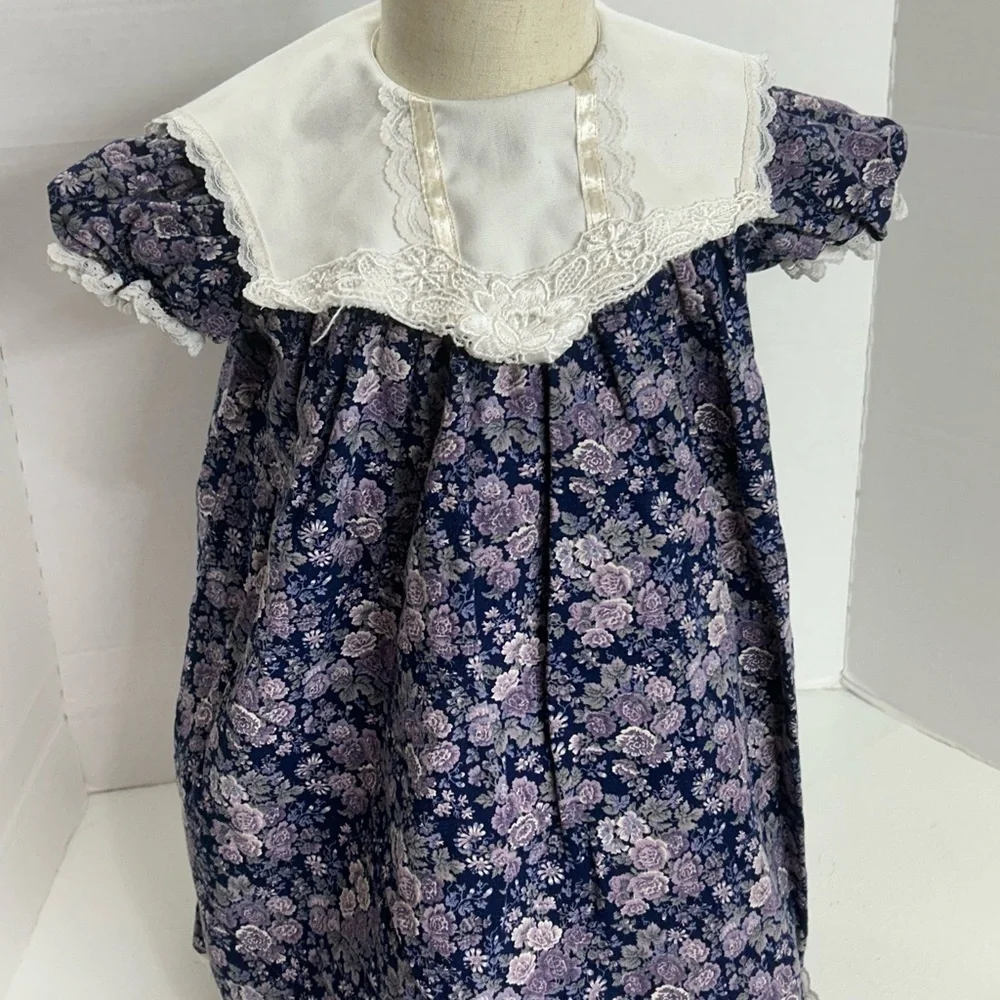 Vintage Navy Floral Dress with Lace Collar